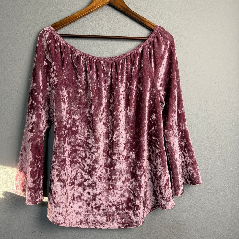 Y2K Crushed Velvet Off Shoulder Whimsical Fairy Bell Sleeve Pink Blouse Size M